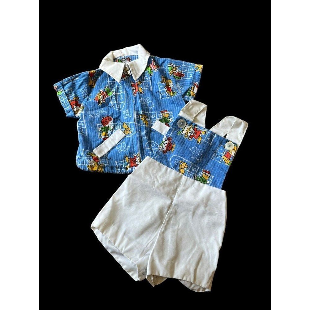 6 Mo Baby Boy Full Zip Lightweight Jacket & Shortalls Shorts Overalls Vtg